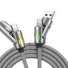 A silver 4-in-1 multifunctional fast charging cable with rotating connectors is shown coiled.