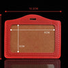 A red PU leather retractable ID card holder with a rectangular badge case and a reel.