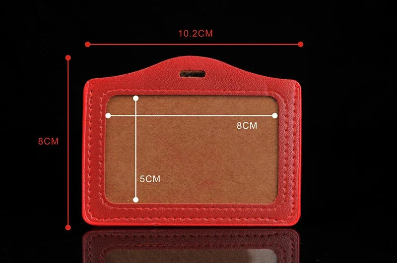 A red PU leather retractable ID card holder with a rectangular badge case and a reel.