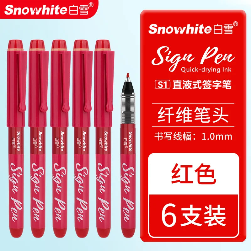 A set of red Sign Pens with fiber tips and quick-drying ink shown in a red packaging box.