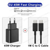 A black 45W fast charging adapter and a 1M C to C cable for mobile devices.