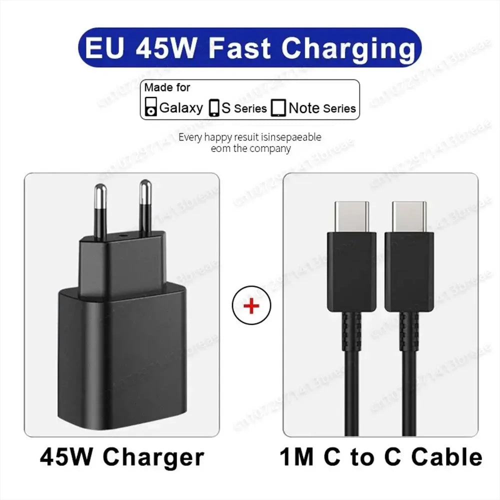 A black 45W fast charging adapter and a 1M C to C cable for mobile devices.