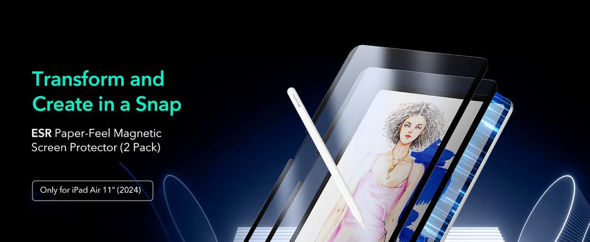 A pair of ESR Paper-Feel Magnetic Screen Protectors for an iPad, shown on a dark background.