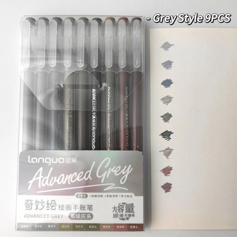 A pack of nine grey style gel pens from Lanquo Advanced Grey featuring smooth ink.