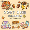 A coloring book featuring cute girl seasonal themes including animals, leaves, and cozy elements.