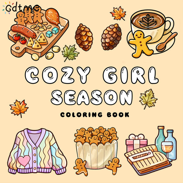 A coloring book featuring cute girl seasonal themes including animals, leaves, and cozy elements.