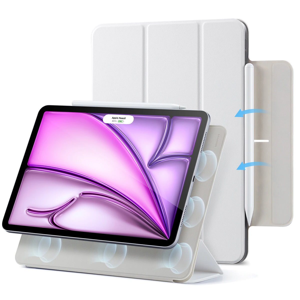 A white magnetic folio case is shown with an iPad Air in a purple color, demonstrating its protective and functional design.