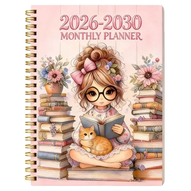 A pink monthly planner featuring a 2026-2030 layout with floral illustrations and stacked books.