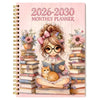 A pink monthly planner featuring a 2026-2030 layout with floral illustrations and stacked books.