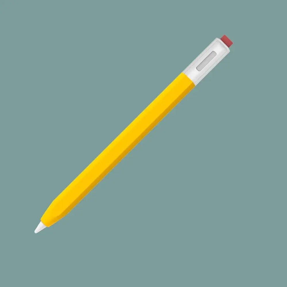 A yellow stylus pen with a white body and red tip, shown diagonally against a gray background.