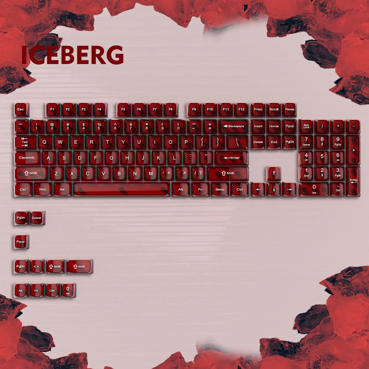 A close-up view of a mechanical keyboard with red keycaps and the word ICEBERG visible above it.
