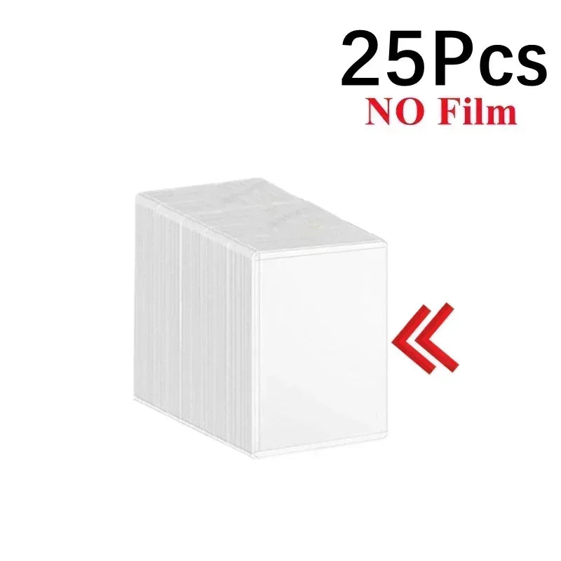 A box of 25 clear protective card sleeves with no film.