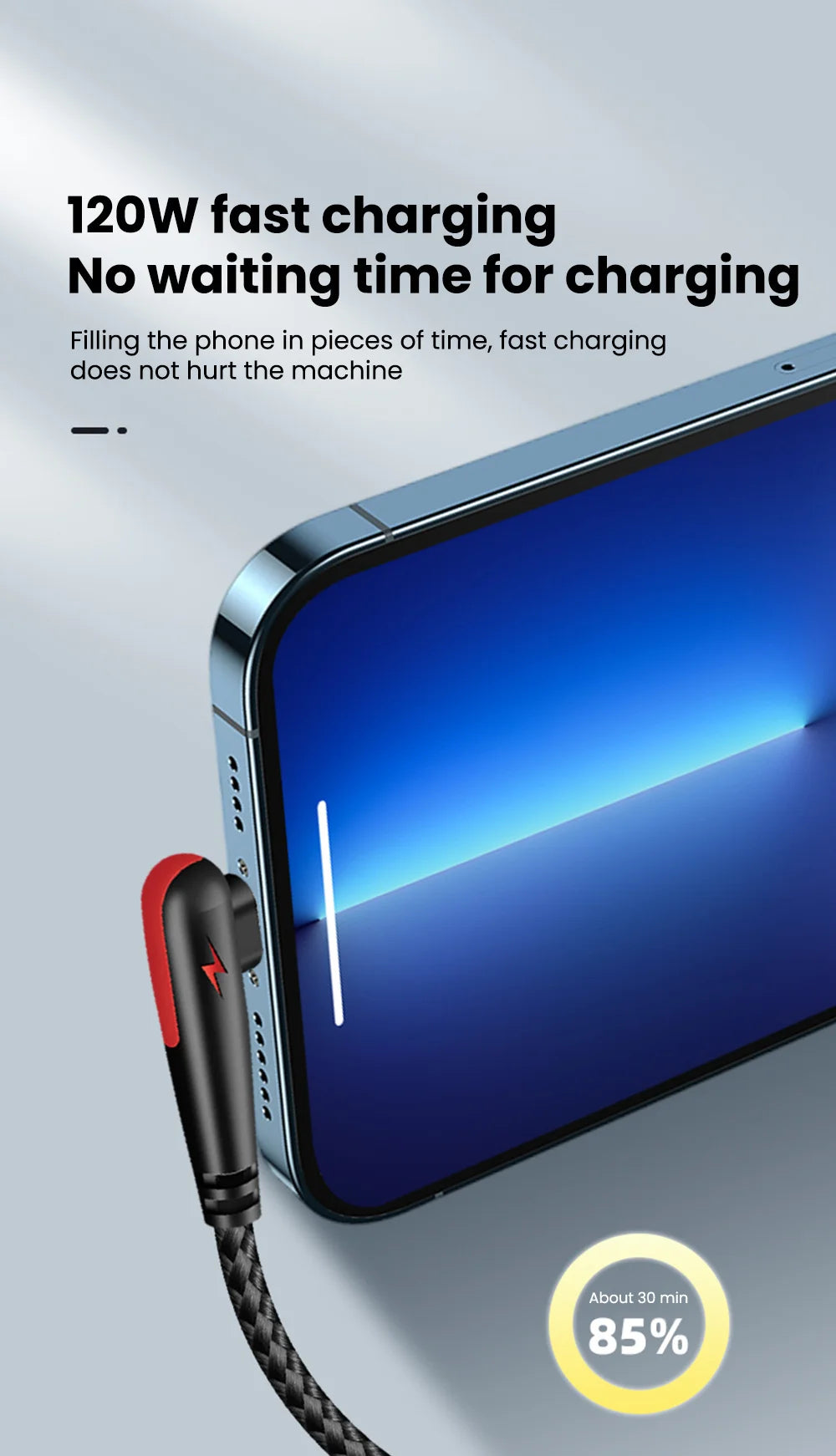 A close-up of a blue smartphone being charged by a black braided USB-C to Type-C charging cable.
