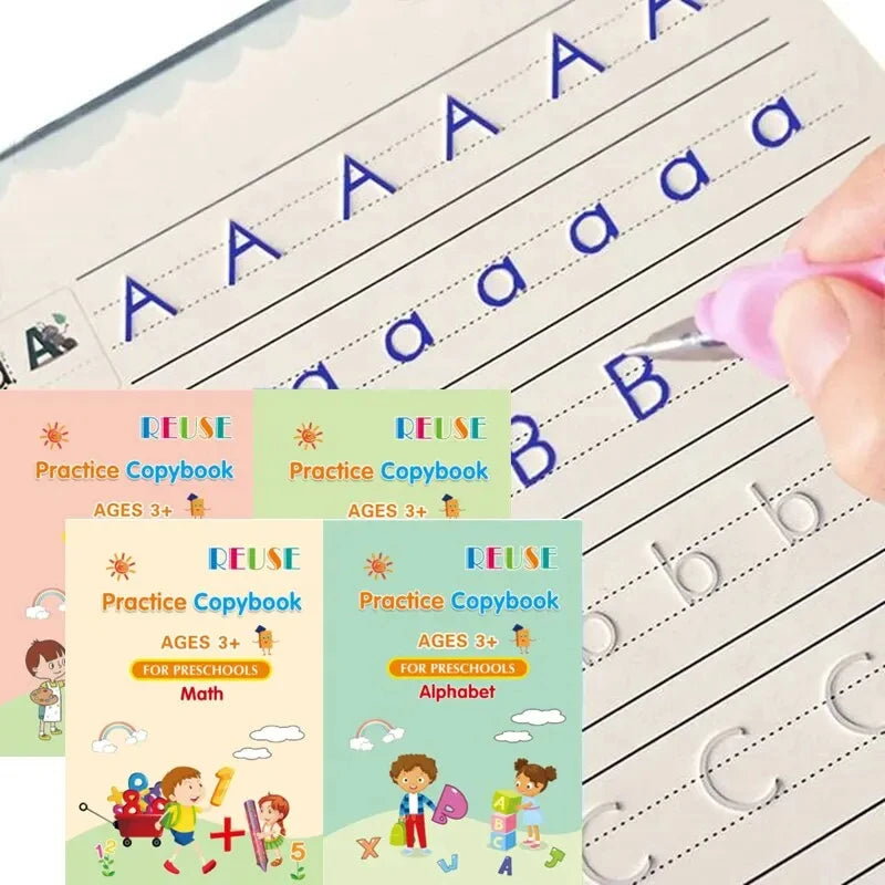 Un juego de cuatro cuadernos de práctica para preescolares, cubriendo habilidades de matemáticas y alfabeto.