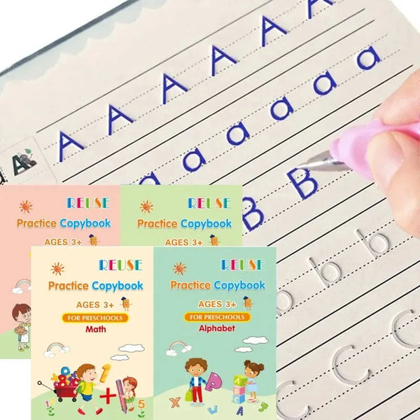 A set of four practice copybooks for preschool children covering math and alphabet skills.