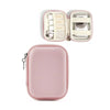 A pink leather storage pouch organizer with an open lid showing various small items inside.
