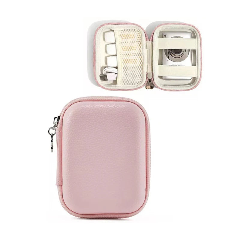 A pink leather storage pouch organizer with an open lid showing various small items inside.