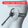 A close-up of an open-ear Bluetooth headset being placed on a human ear, highlighting its design.