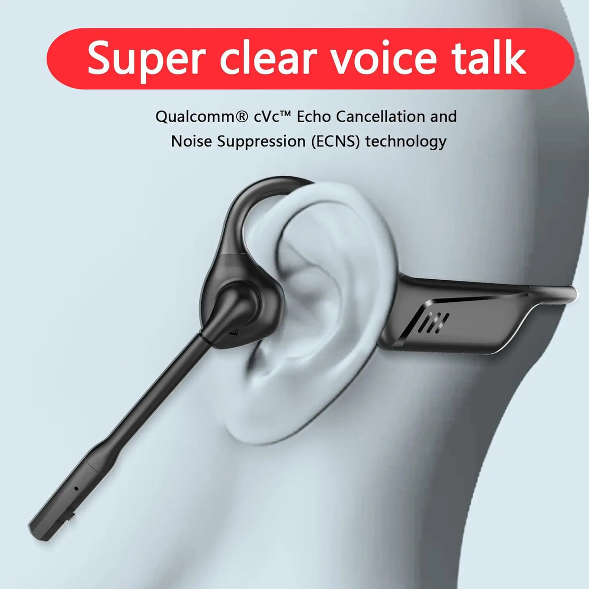 A close-up of an open-ear Bluetooth headset being placed on a human ear, highlighting its design.