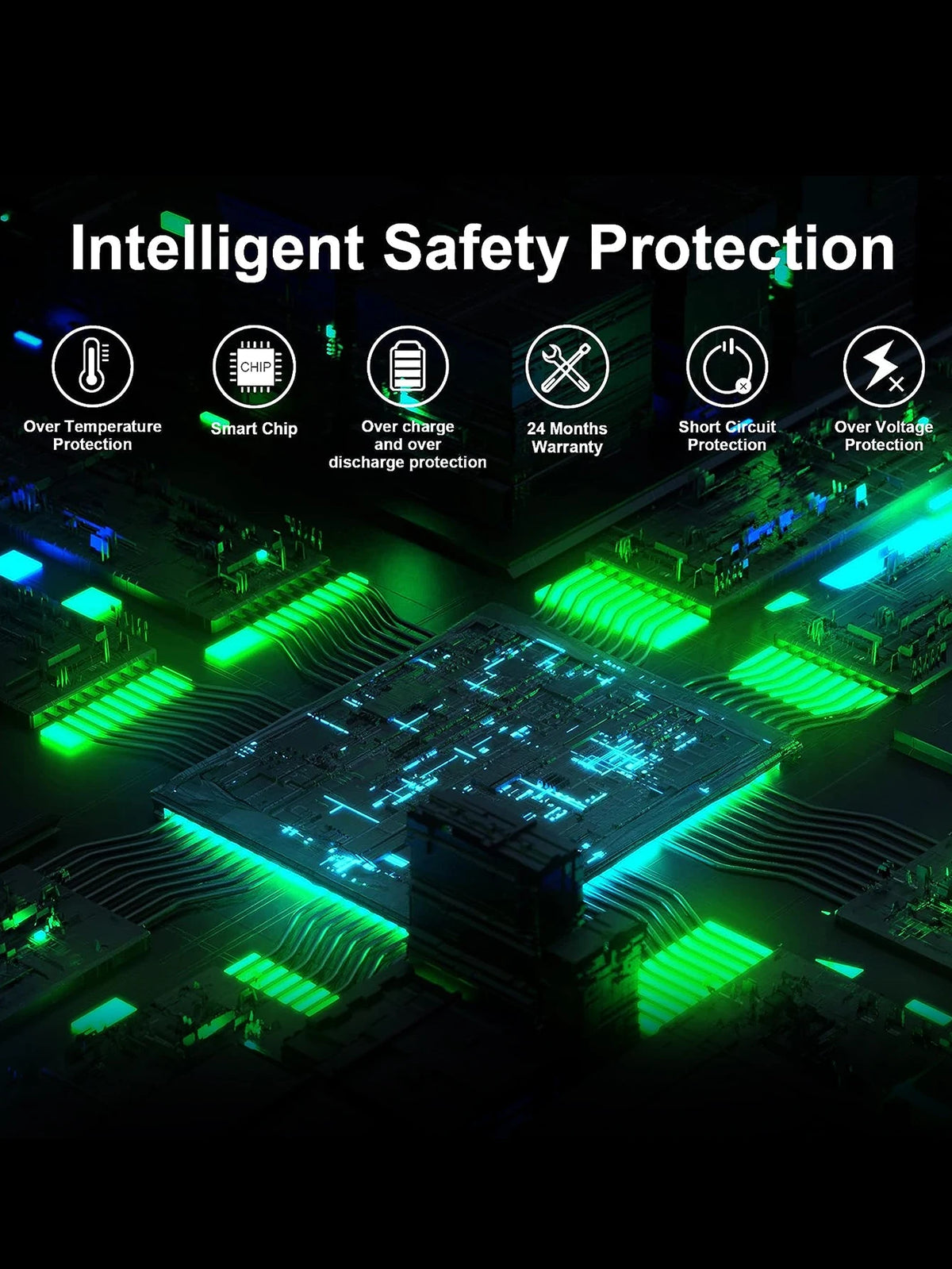 A close-up view of a green circuit board with glowing lines, illustrating intelligent safety protection features.