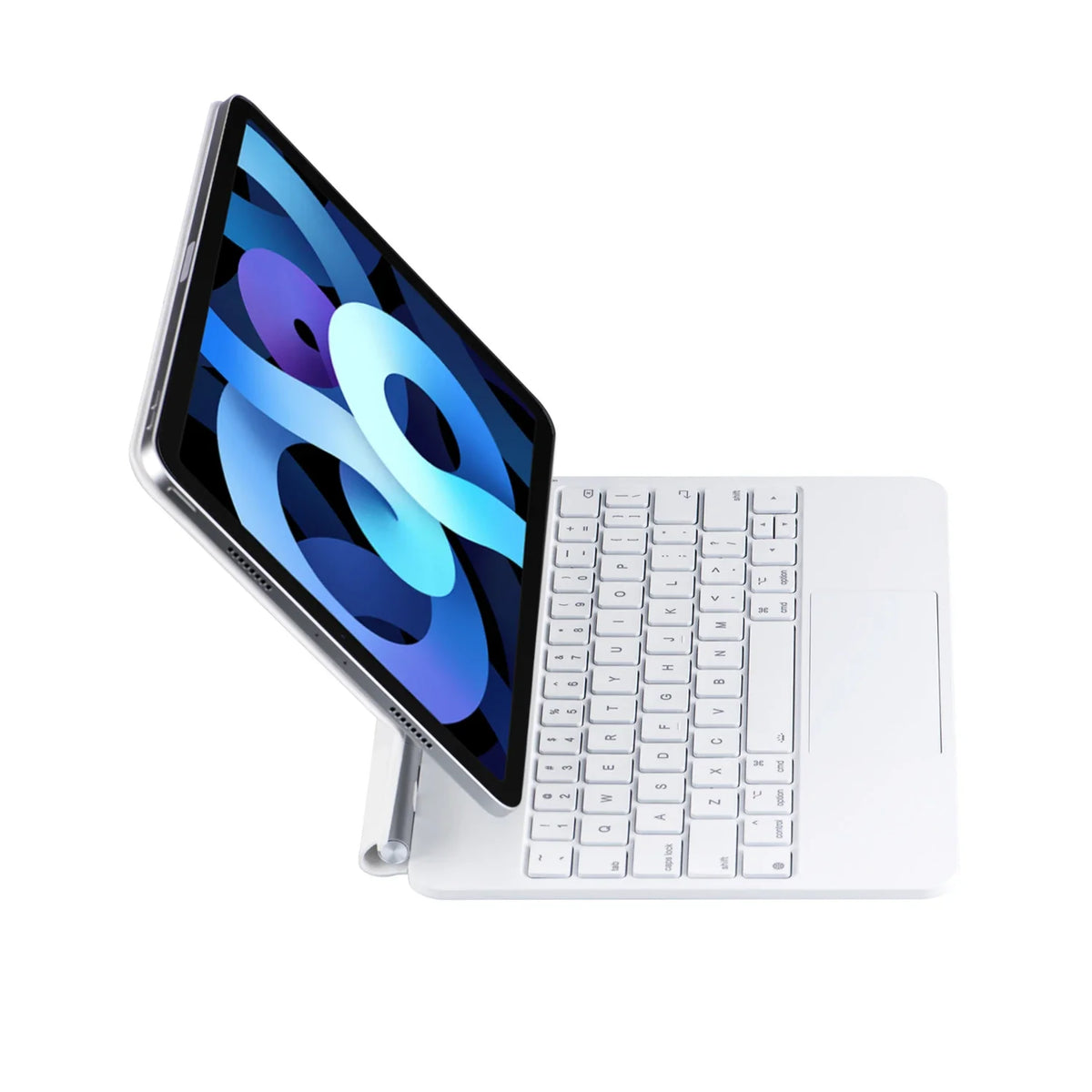 A backlit magic keyboard case for an iPad showing the tablet and white keyboard.