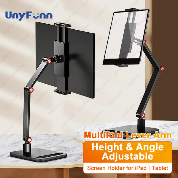 Black adjustable monitor stand with a folding lever arm for height and angle adjustment