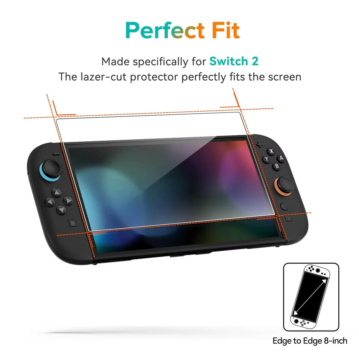 A laser-cut protector fits a Switch 2 screen, shown next to an 8-inch device.