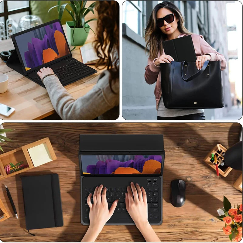 A black detachable wireless keyboard folio case for an iPad is shown open on a wooden desk with a laptop and accessories.