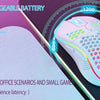 A pink rechargeable wireless gaming mouse is shown with adjustable DPI settings displayed around it on a dark surface.