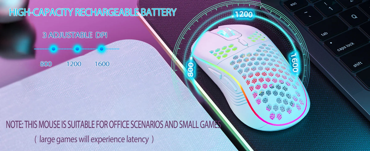 A pink rechargeable wireless gaming mouse is shown with adjustable DPI settings displayed around it on a dark surface.