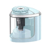 A light blue electric pencil sharpener with a clear container and a silver top.