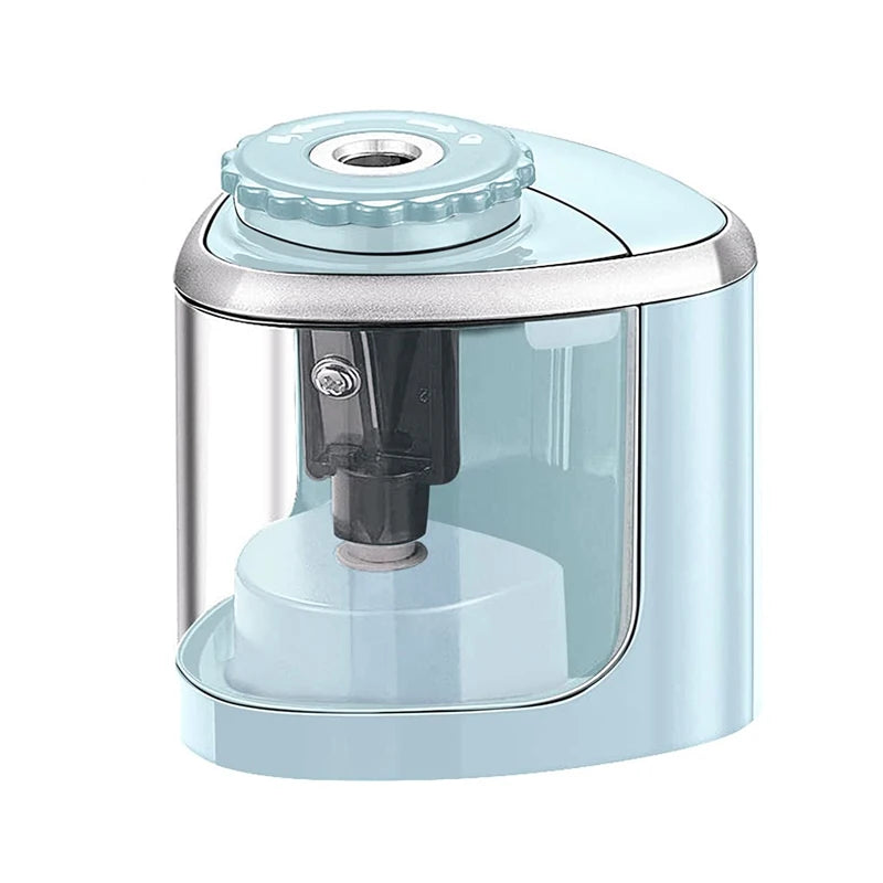 A light blue electric pencil sharpener with a clear container and a silver top.