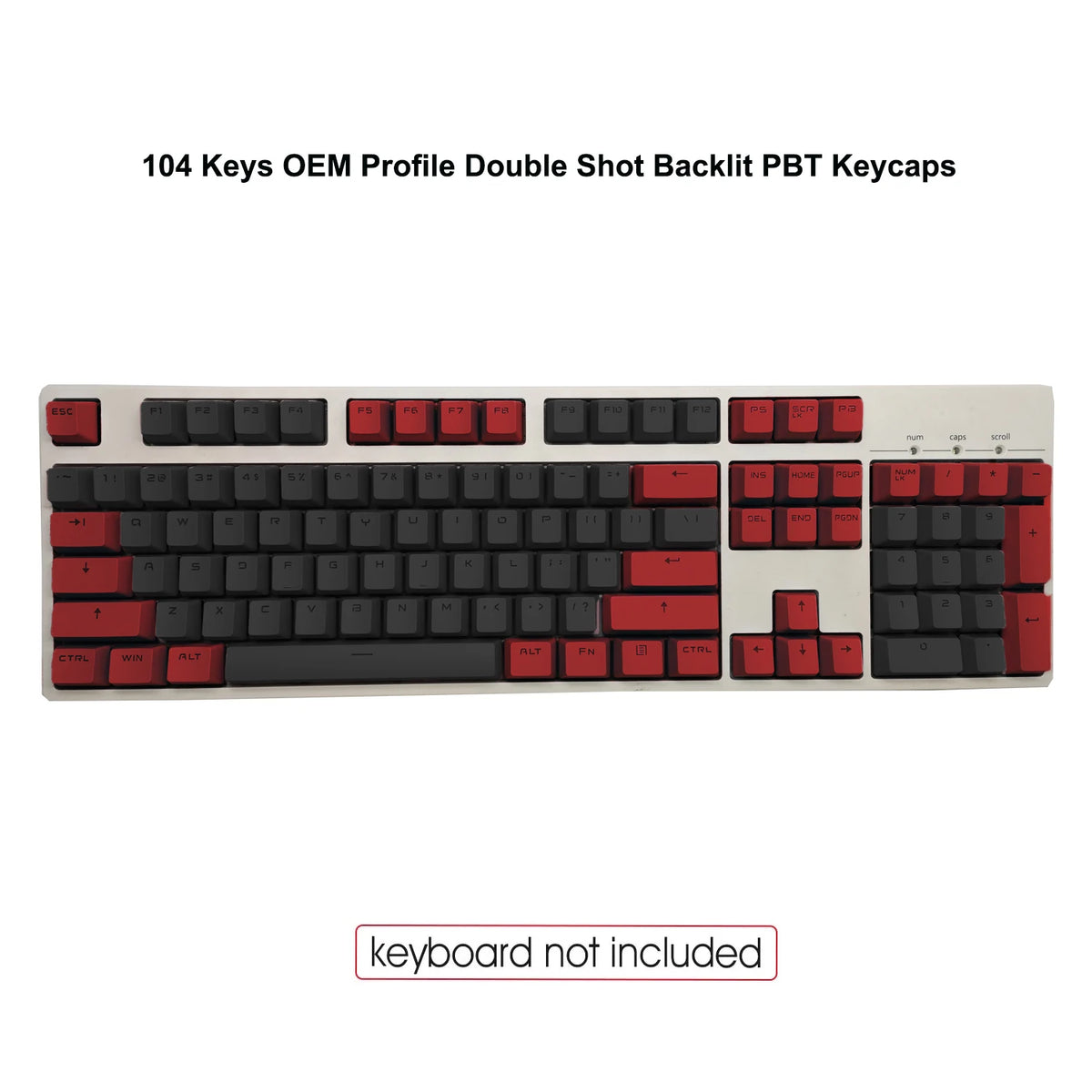 A close-up view of 104 keys OEM profile double shot backlit PBT keycaps for a keyboard.