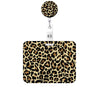 A leopard print retractable badge holder with a round charm attached.