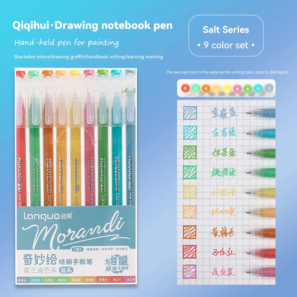 Morandi Gel Pen set featuring nine colors for drawing, painting, and handwriting