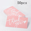 A stack of 50 pink thank you cards with white script text on a white background.