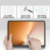 A hand is touching a tablet screen featuring an orange-tinted glass protector, with icons indicating oil-coating, scratch-pro
