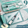 A set of nine geometry drawing tools including rulers, protractors, and compasses for students.