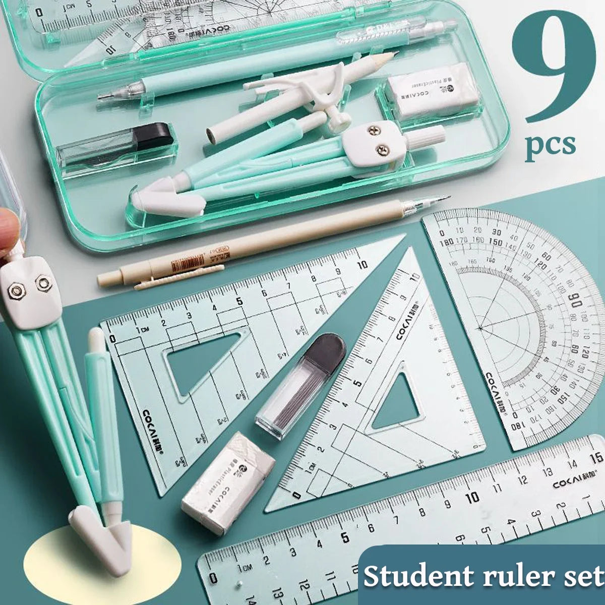 A set of nine geometry drawing tools including rulers, protractors, and compasses for students.