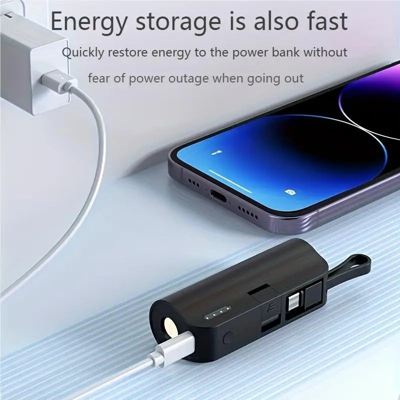 A portable power bank is shown with a charging port and LED light, next to a smartphone.