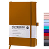 A brown hardcover notebook with a tan spine and white label showing specifications for an A5 dotted notebook.