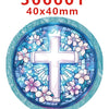 A round stained glass style cross design with floral accents, used as a faith-themed water ripple acrylic hair bow set.