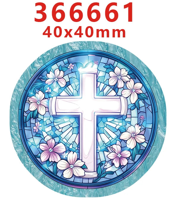 A round stained glass style cross design with floral accents, used as a faith-themed water ripple acrylic hair bow set.