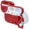A red magnetic case for AirPods Pro is shown open, revealing the white earbuds inside.