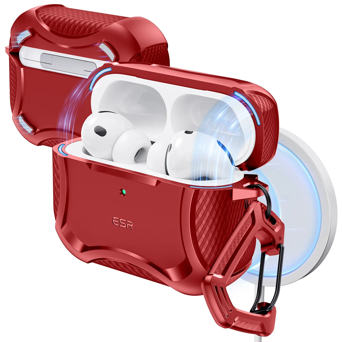 A red magnetic case for AirPods Pro is shown open, revealing the white earbuds inside.