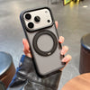 A hand holds a gray magnetic phone case with a rotating stand, showing the back and camera module.