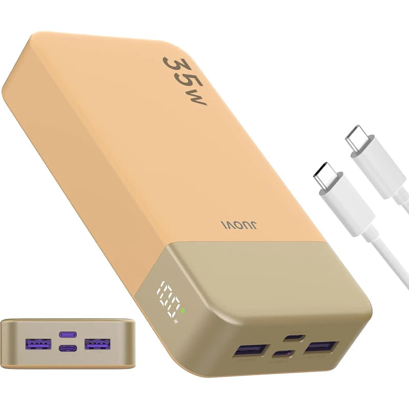 A beige power bank with a rectangular design showing a 35W output and an LED display, next to its charging cable.