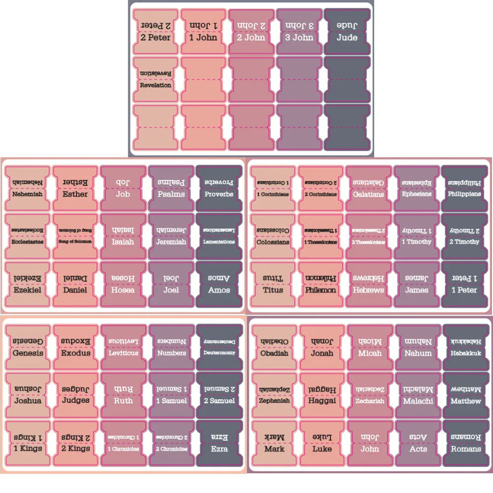 A grid of large print self-adhesive Bible tabs with various names and biblical figures.
