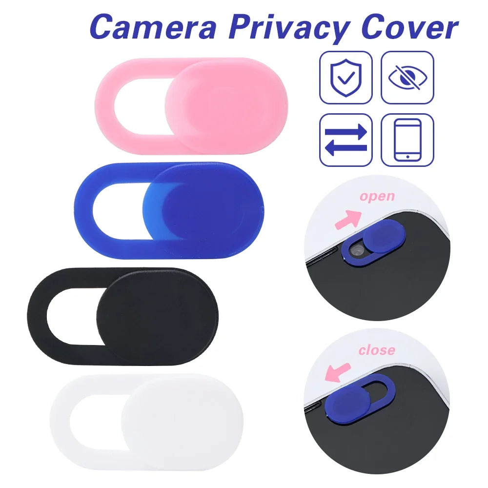 Set of camera privacy covers in pink, blue, black, and white for laptops and tablets