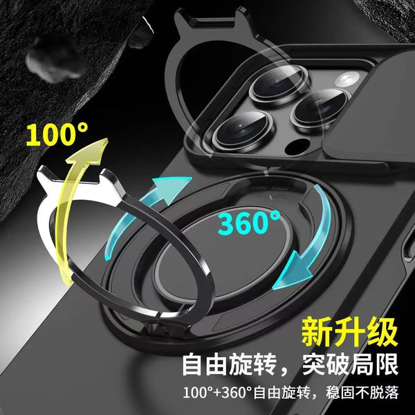 Black phone case with a sliding camera lens protection feature and 360-degree rotation capability
